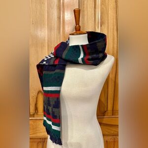 Red/Green/White/Blue Soft Woven Scarf Wool(?) Tribal Design/Stripes/Checks EUC
